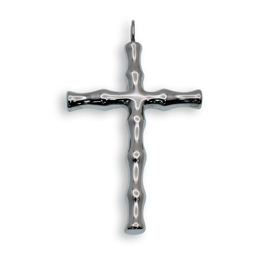 Rhodium Plated Stainless Steel Wave Tube Cross Pendant - SSP00479