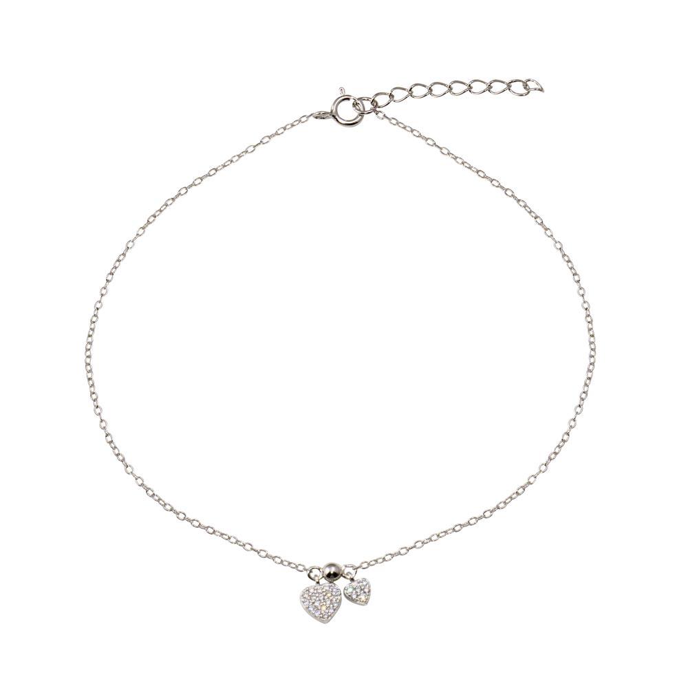 Rhodium Plated 925 Sterling Silver 2 Dangling Hearts Clear CZ Anklet - STA00001 | Silver Palace Inc.