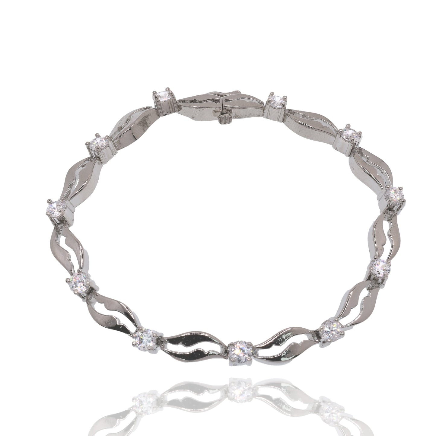 Rhodium Plated 925 Sterling Silver Wave Link Clear CZ 6mm Bracelet - STB00036