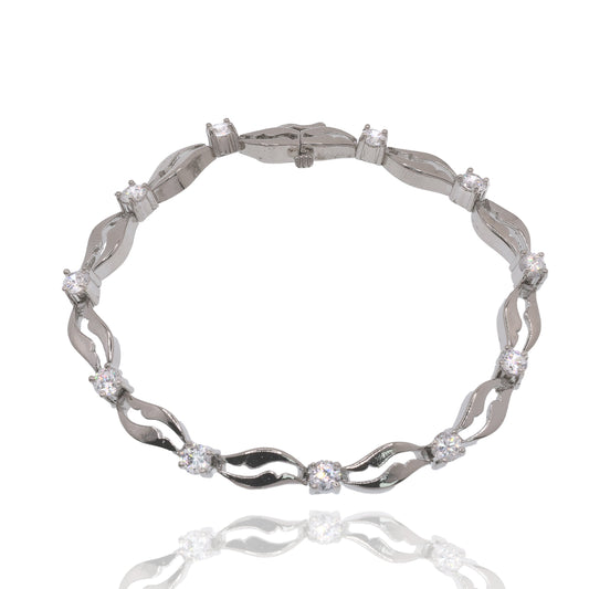 Rhodium Plated 925 Sterling Silver Wave Link Clear CZ 6mm Bracelet - STB00036
