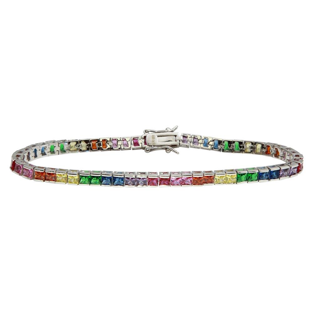 Silver 925 Rhodium Plated Square Rainbow CZ Tennis Bracelet - STB00094RB | Silver Palace Inc.