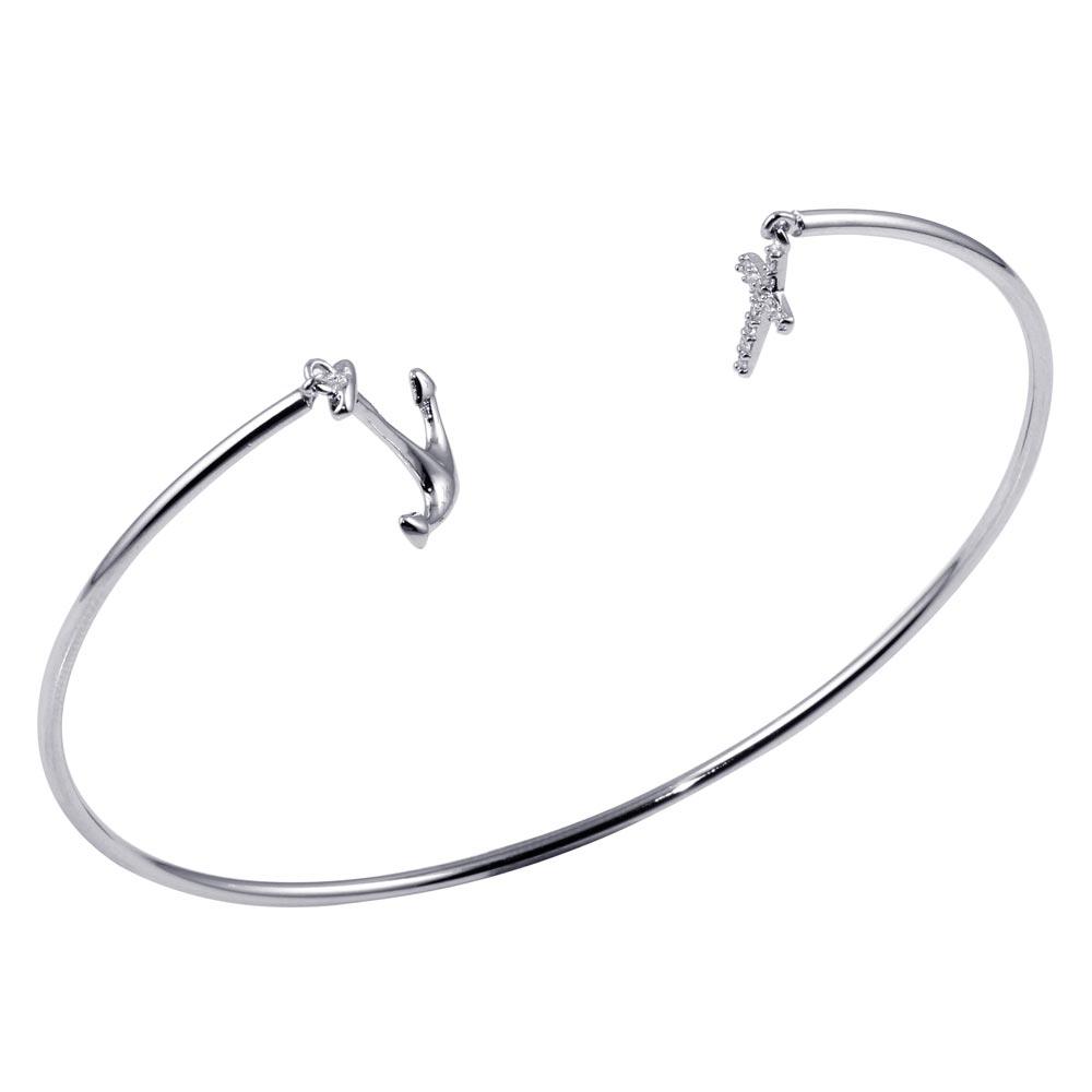 Silver 925 Rhodium Plated Open Cuff Anchor and Cross Bracelet with CZ - STB00525 | Silver Palace Inc.