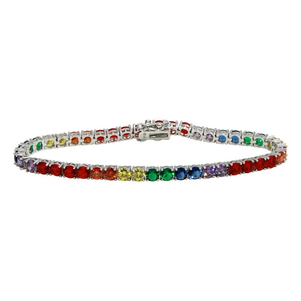 Silver 925 Rhodium Plated Round Rainbow CZ Tennis Bracelet - STB00565RB | Silver Palace Inc.