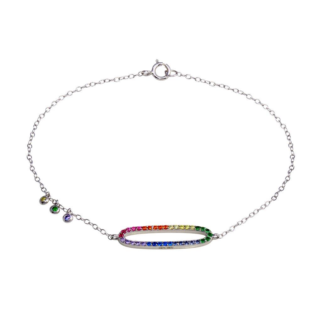 Silver 925 Rhodium Plated Multi Color CZ Open Oval Bracelet - STB00571 | Silver Palace Inc.