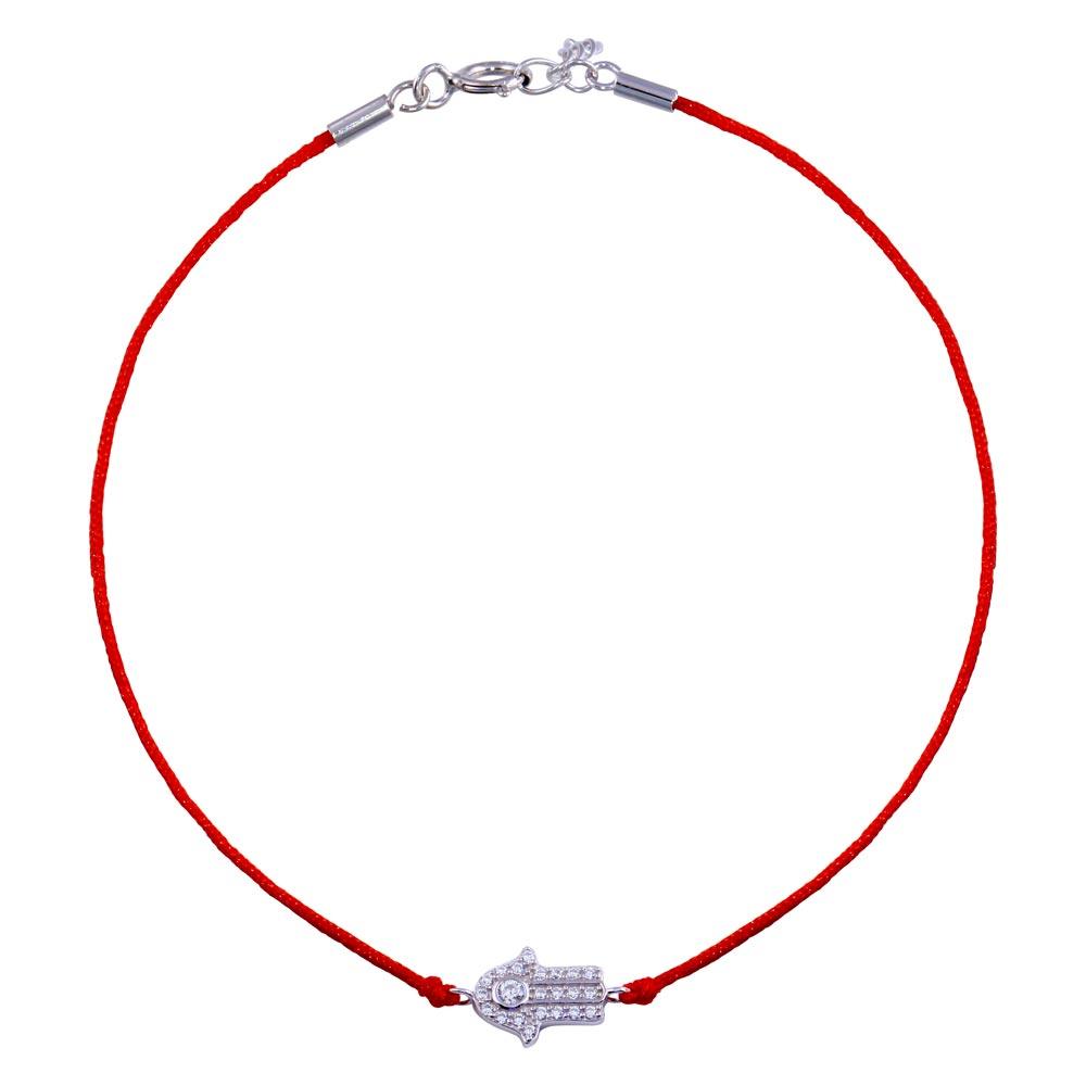 Rhodium Plated 925 Sterling Silver Hamsa Hand CZ Red Cord Bracelet - STB00595 | Silver Palace Inc.