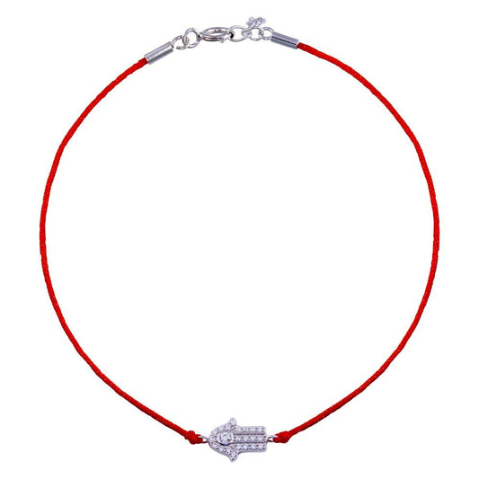 Rhodium Plated 925 Sterling Silver Hamsa Hand CZ Red Cord Bracelet - STB00595 | Silver Palace Inc.