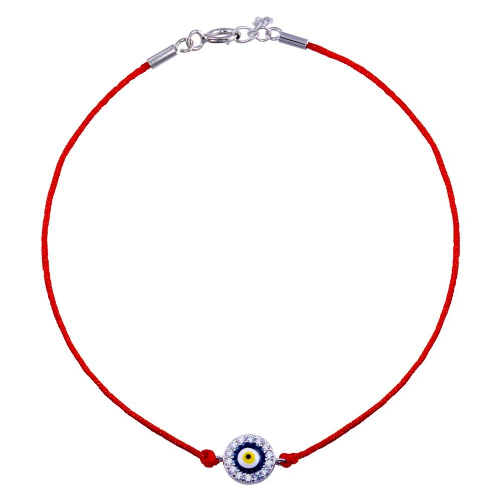 Rhodium Plated 925 Sterling Silver Round Evil Eye CZ Red Cord Bracelet - STB00598 | Silver Palace Inc.