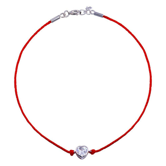 Rhodium Plated 925 Sterling Silver Single Heart CZ Red Cord Bracelet - STB00599 | Silver Palace Inc.
