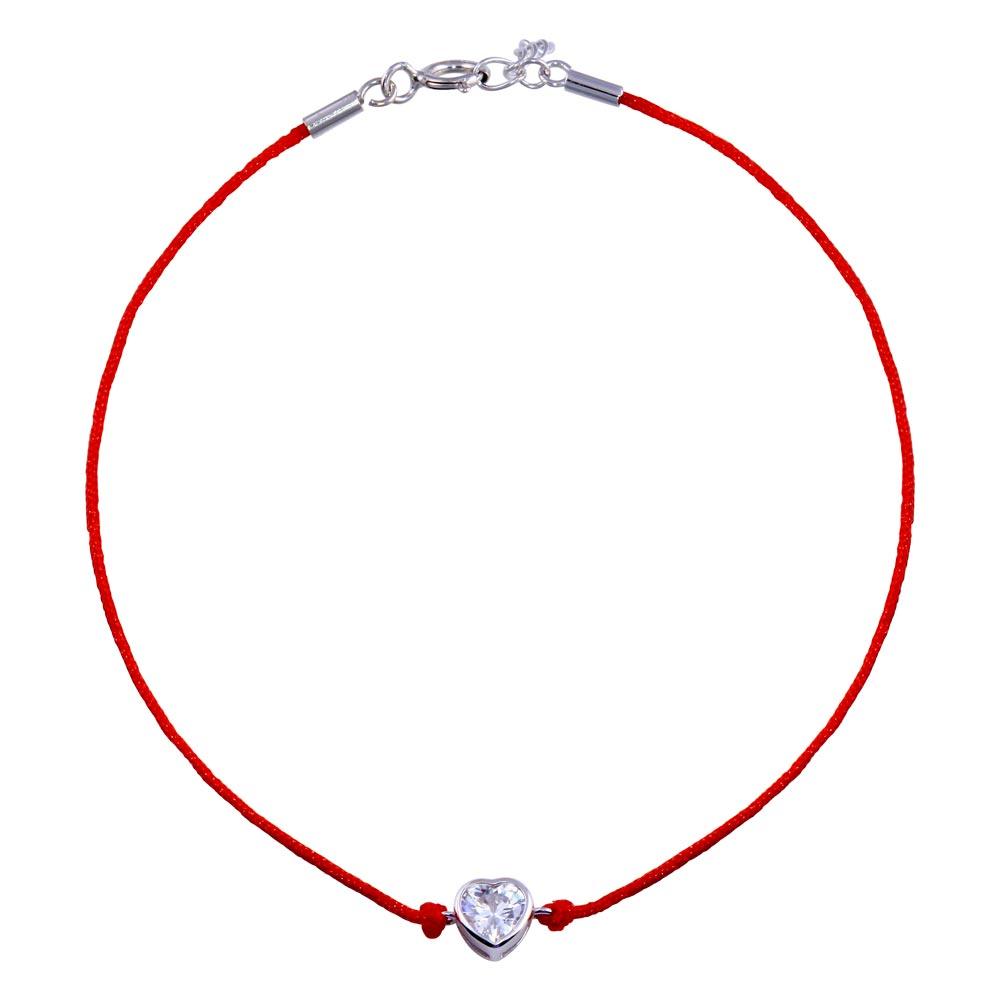 Rhodium Plated 925 Sterling Silver Single Heart CZ Red Cord Bracelet - STB00599 | Silver Palace Inc.