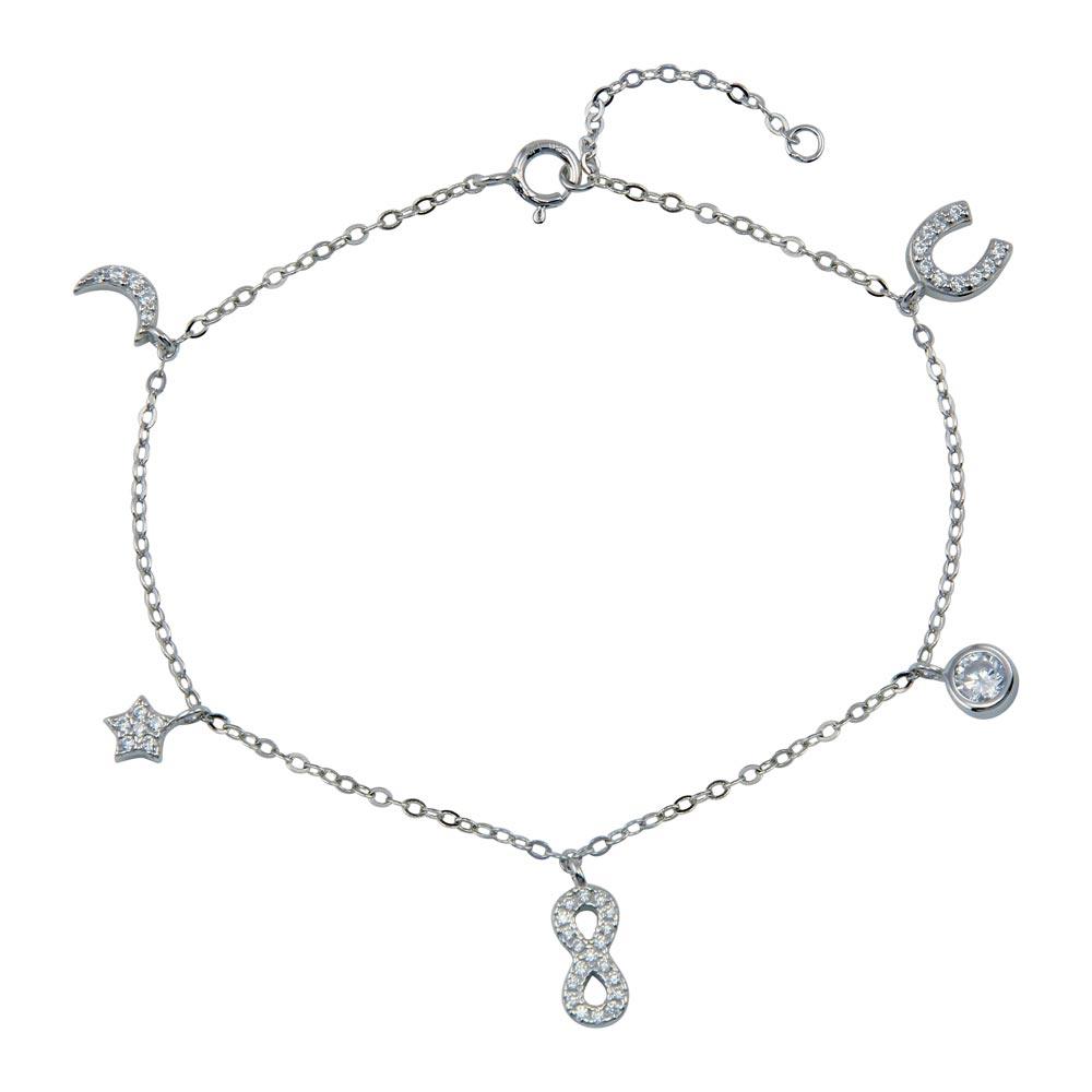 Rhodium Plated 925 Sterling Silver CZ Horse Shoe Infinity Star Moon Charm Bracelet - STB00604 | Silver Palace Inc.