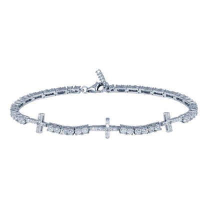 Rhodium Plated 925 Sterling Silver 7.6mm Cross Link CZ Tennis Bracelet - STB00608 | Silver Palace Inc.