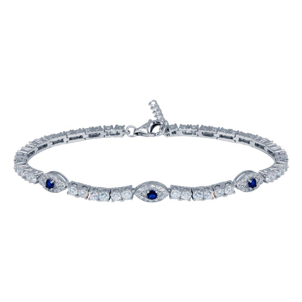 Rhodium Plated 925 Sterling Silver 5mm Evil Eye Link CZ Tennis Bracelet - STB00609 | Silver Palace Inc.