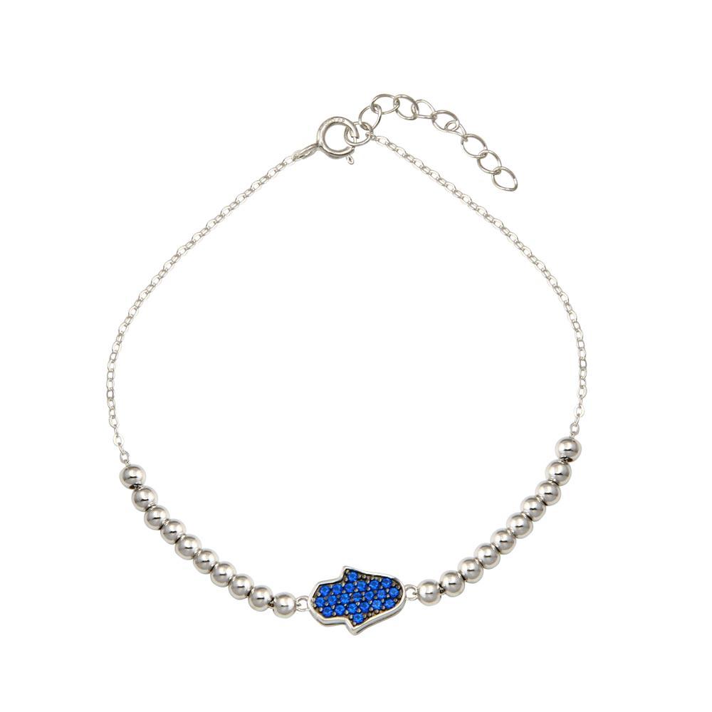 Rhodium Plated 925 Sterling Silver Square Hamsa Bead Blue CZ Adjustable Bracelet - STB00619 | Silver Palace Inc.