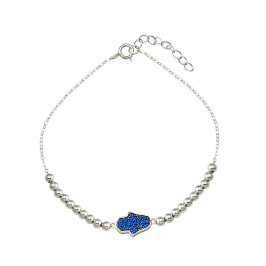 Rhodium Plated 925 Sterling Silver Square Hamsa Bead Blue CZ Adjustable Bracelet - STB00619 | Silver Palace Inc.