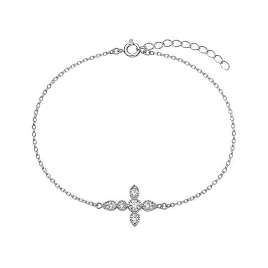 Rhodium Plated 925 Silver Dainty CZ Side Cross Bracelet - STB00628