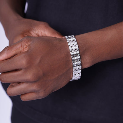 Men's Rhodium Plated 925 Sterling Silver Interlocking Clear Square CZ Studded 15mm Bracelet - STBM00002