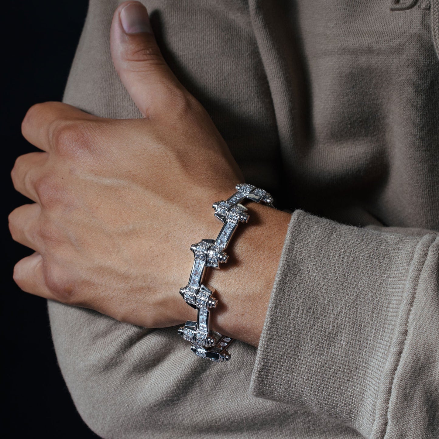 Rhodium Plated 925 Sterling Silver DC CZ Alternating Hinge Men's Bracelet - STBM00009
