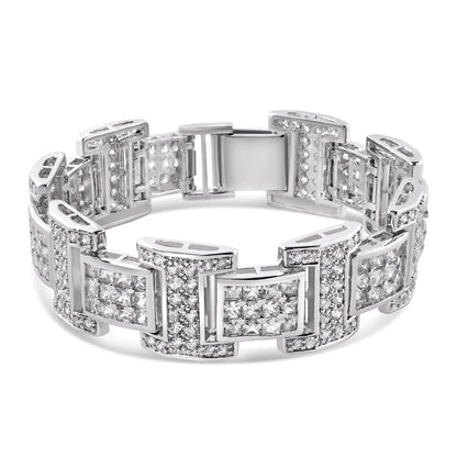 Men's Rhodium Plated 925 Sterling Silver Link Clear Square and Round CZ Studded 20mm Bracelet - STBM00040