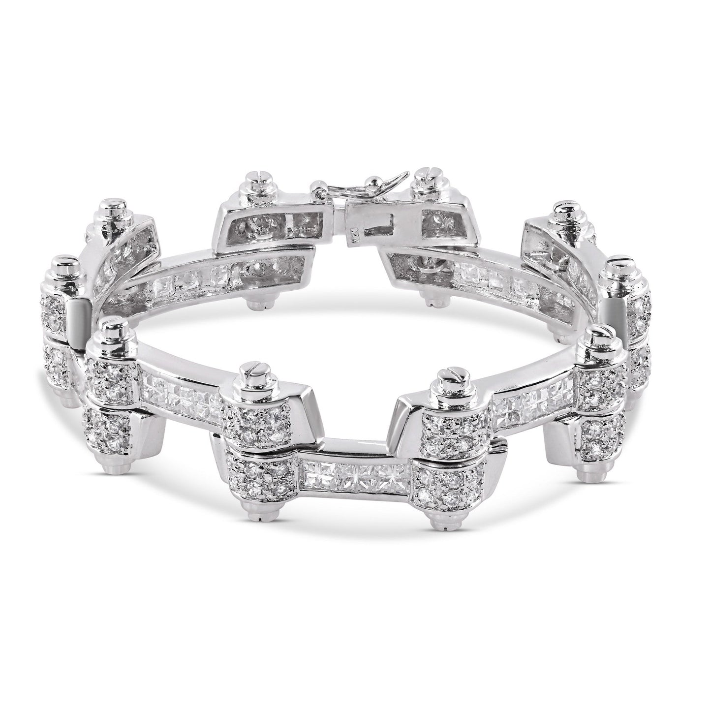 Rhodium Plated 925 Sterling Silver DC CZ Alternating Hinge Men's Bracelet - STBM00009