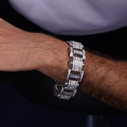 Men's Rhodium Plated 925 Sterling Silver Link Clear Square and Round CZ Studded 20mm Bracelet - STBM00041-9