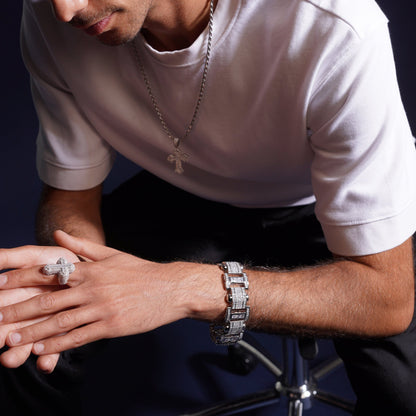 Men's Rhodium Plated 925 Sterling Silver Link Clear Square and Round CZ Studded 20mm Bracelet - STBM00041-9