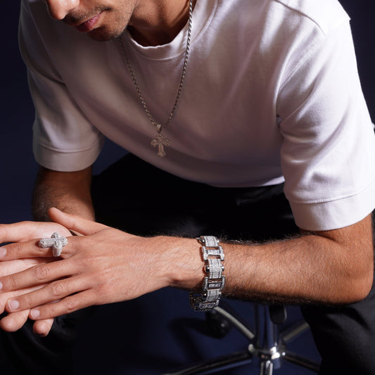 Men's Rhodium Plated 925 Sterling Silver Link Clear Square and Round CZ Studded 20mm Bracelet - STBM00041-9