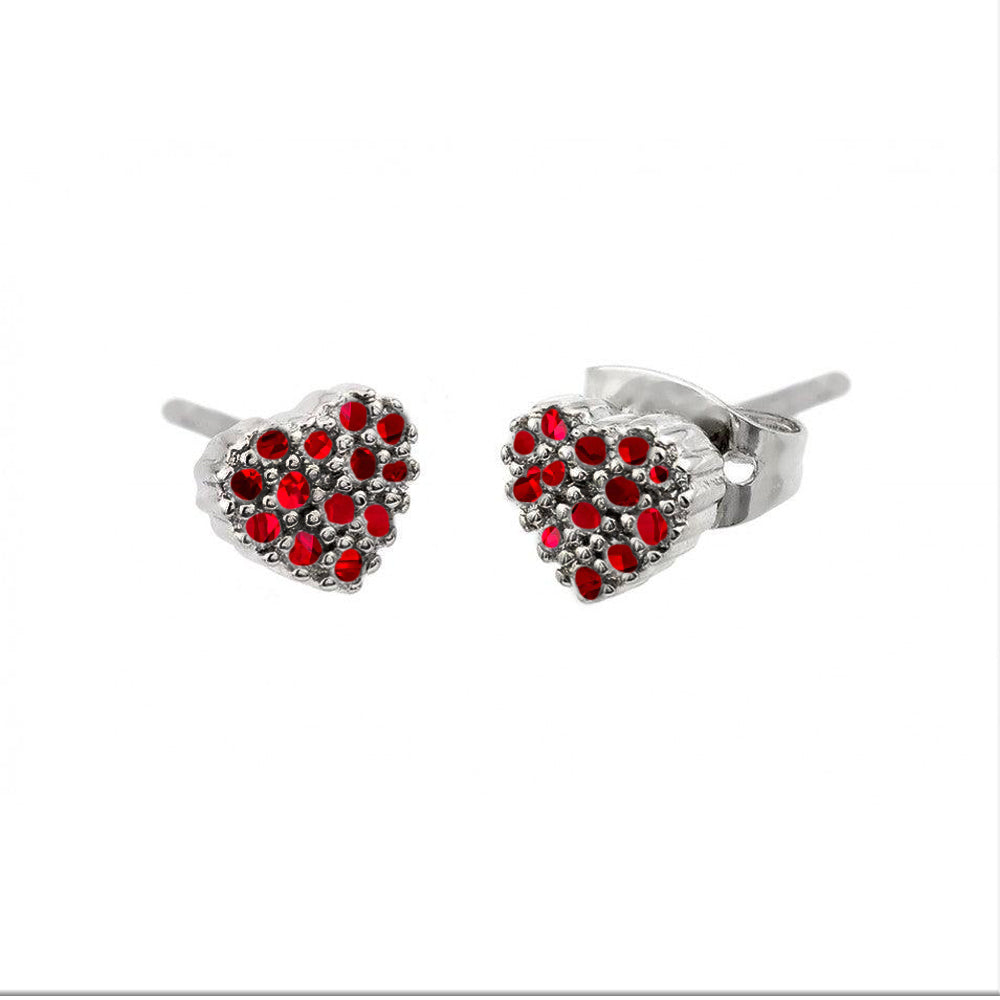 Silver 925 Rhodium Plated Red Heart Black Prongs CZ Stud Earrings - STE00884RED