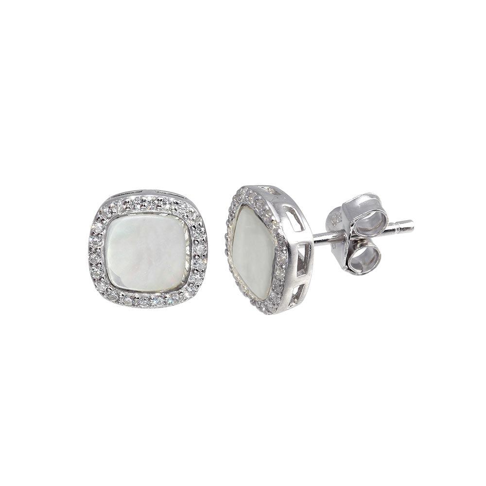 Rhodium Plated 925 Sterling Silver Square Opal Stud Earrings with CZ - STE01117CLR | Silver Palace Inc.