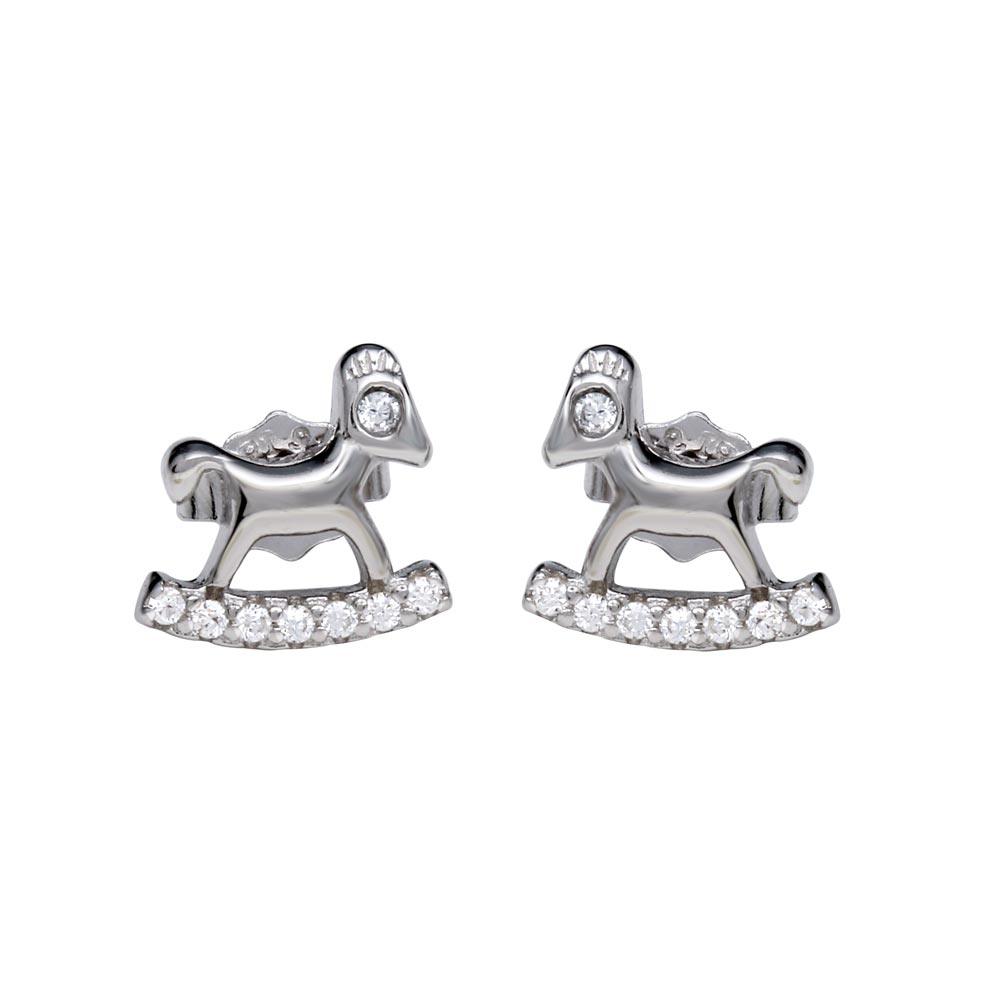 Silver 925 Rhodium Plated Rocking Horse Stud Earrings with CZ - STE01159RH | Silver Palace Inc.