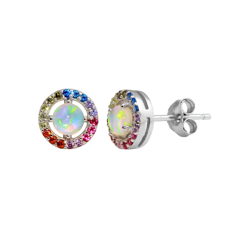 Rhodium Plated 925 Sterling Silver Rainbow Multi CZ Stud Earrings 7.5mm - STE01204