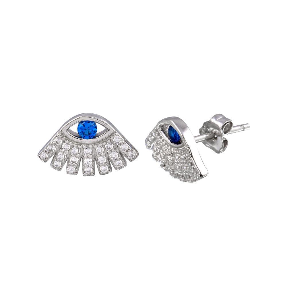 Rhodium Plated 925 Sterling Silver Blue and Clear CZ Evil Eye Stud Earrings - STE01235 | Silver Palace Inc.