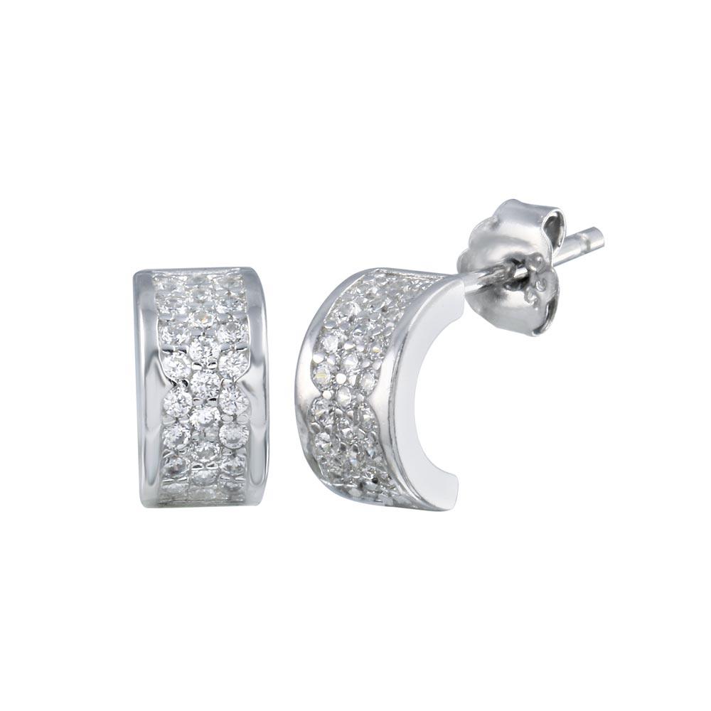 Rhodium Plated 925 Sterling Silver Semi Hoop CZ huggie hoop Earrings - STE01238 | Silver Palace Inc.