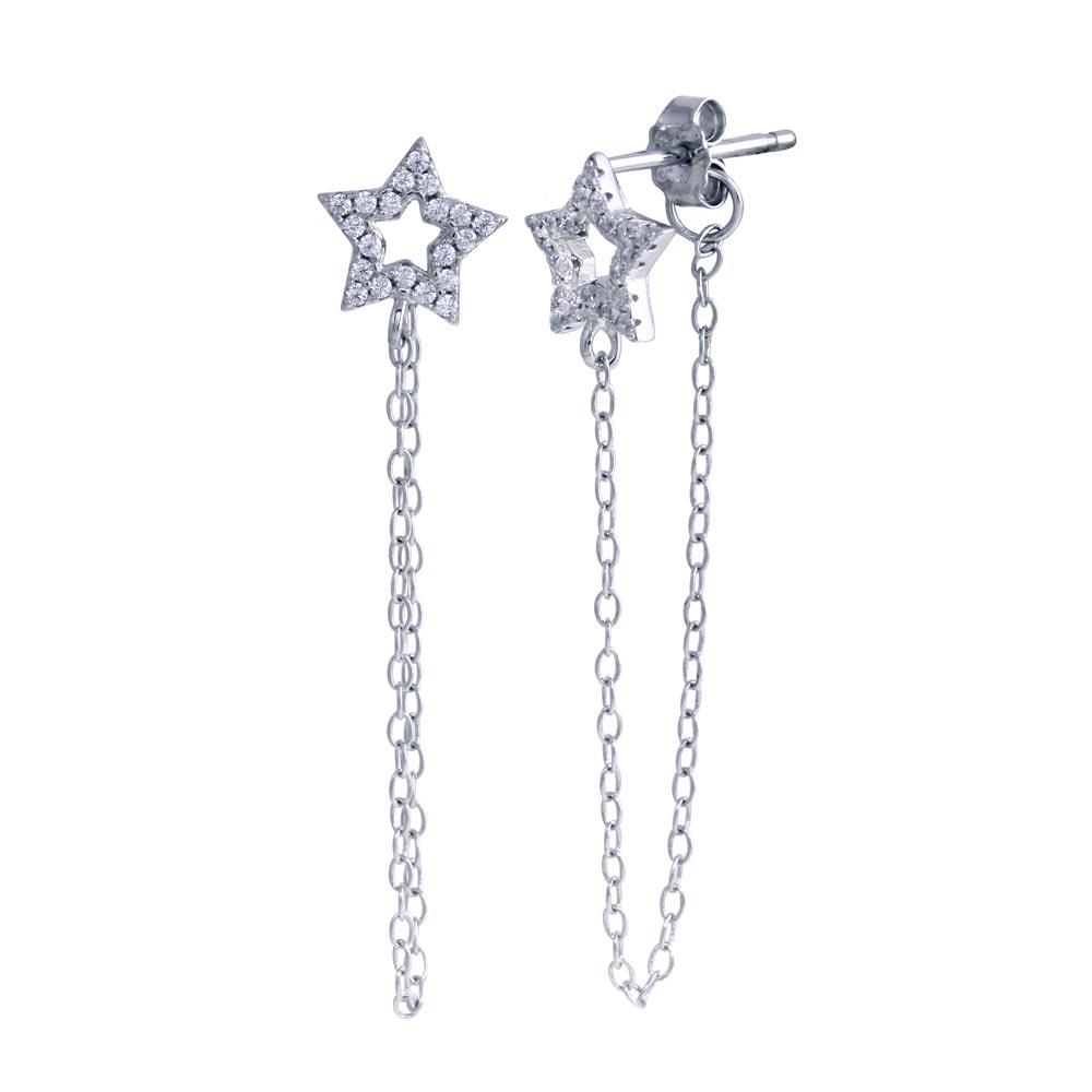 Rhodium Plated 925 Sterling Silver Star Chain CZ Stud Earrings - STE01285 | Silver Palace Inc.