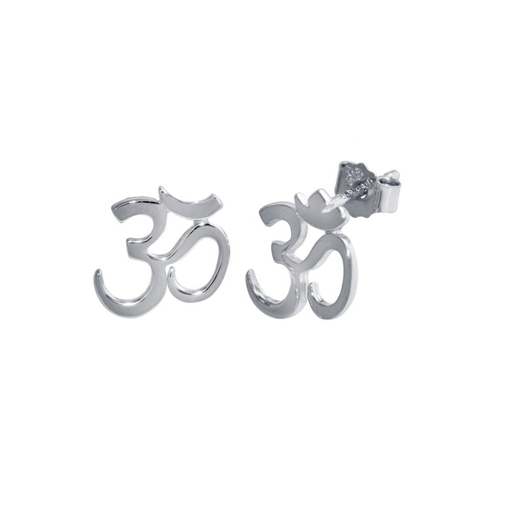 Rhodium Plated 925 Sterling Silver Om Aum Stud Earrings - STE01292 | Silver Palace Inc.