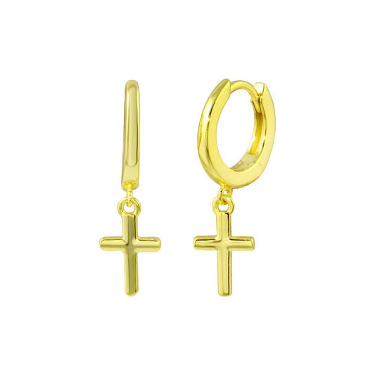 Silver 925 Gold Plated huggie hoop Cross Earrings - STE01300GP | Silver Palace Inc.