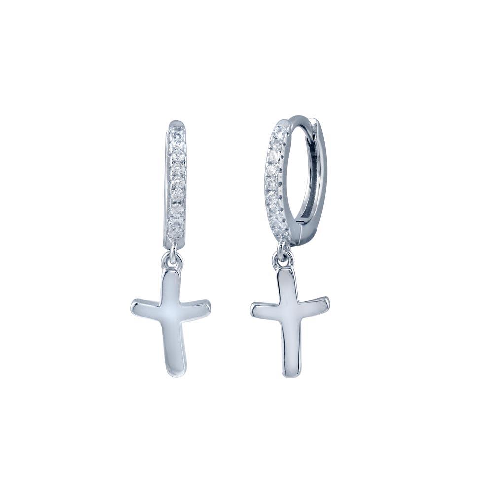 Rhodium Plated 925 Sterling Silver huggie hoop Cross CZ Earrings - STE01301 | Silver Palace Inc.