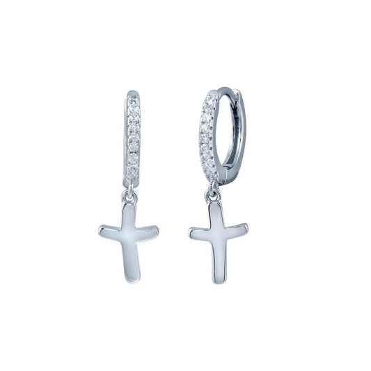 Rhodium Plated 925 Sterling Silver huggie hoop Cross CZ Earrings - STE01301 | Silver Palace Inc.