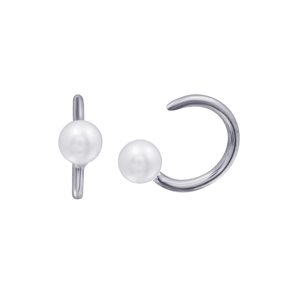 Rhodium Plated 925 Sterling Silver Pearl Semi-Hoop CZ Earrings - STE01316RH | Silver Palace Inc.