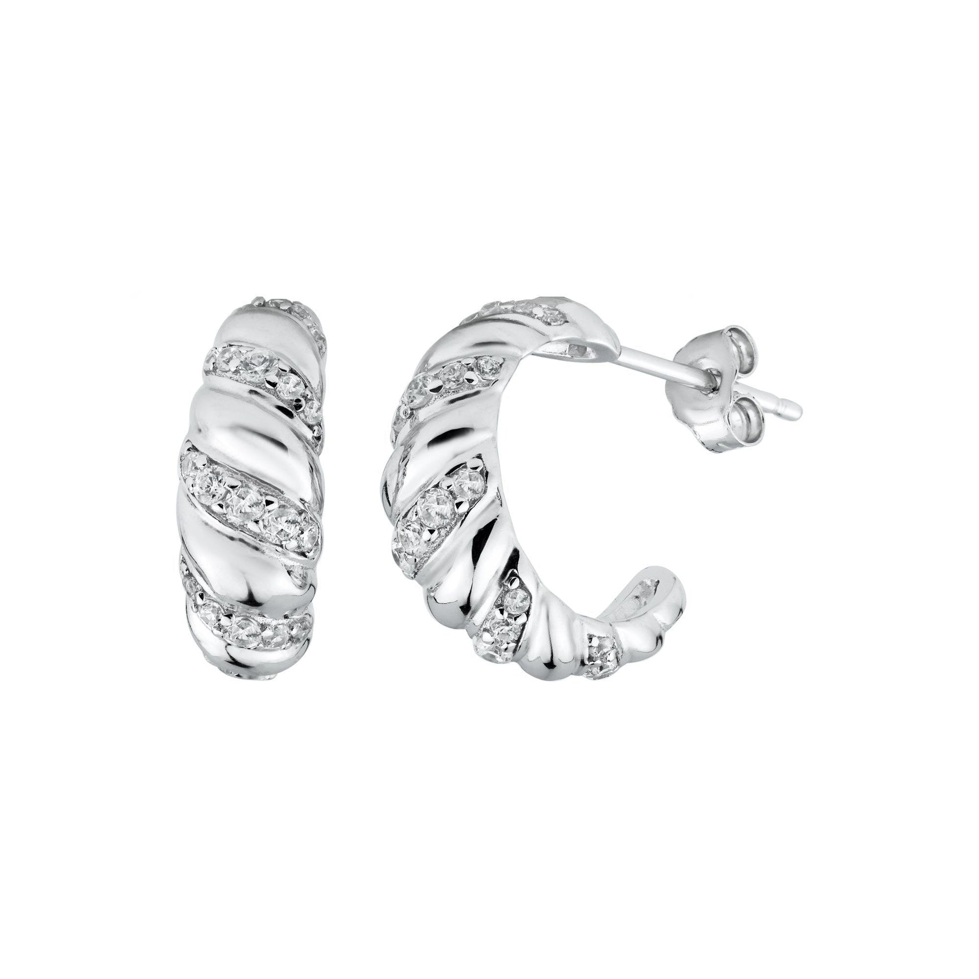 Rhodium Plated 925 Sterling Silver Semi Hoop Braid Design CZ Earrings - STE01327 | Silver Palace Inc.