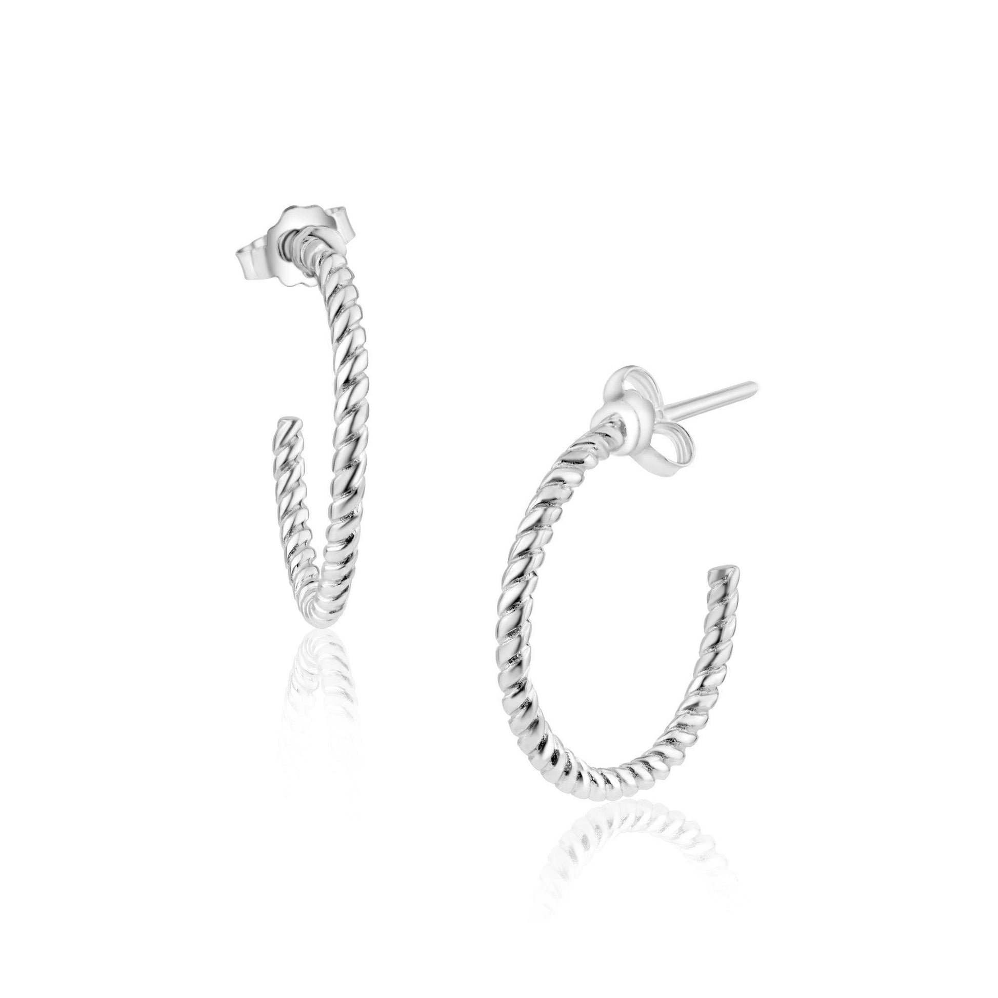 Rhodium Plated 925 Sterling Silver Rope Design Semi Hoop Earrings 20mm - STE01347 | Silver Palace Inc.