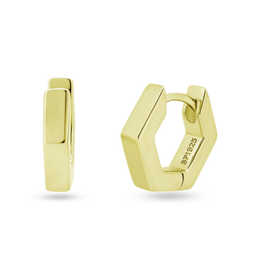 Sterling Silver Gold Plated Hexagon Huggie Hoop Earrings 11.7mm - STE01358GP | Silver Palace Inc.