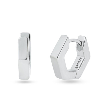 Sterling Silver Rhodium Plated Hexagon Huggie Hoop Earrings 11.7mm - STE01358RH | Silver Palace Inc.