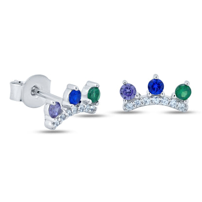 Rhodium Plated 925 Sterling Silver Multi Color Crown CZ Stud Earrings - STE01363