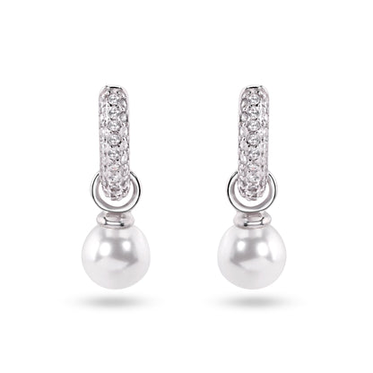 Sterling Silver Rhodium Plated Dangling Pearl Clear CZ Hoop Earrings - STE01373