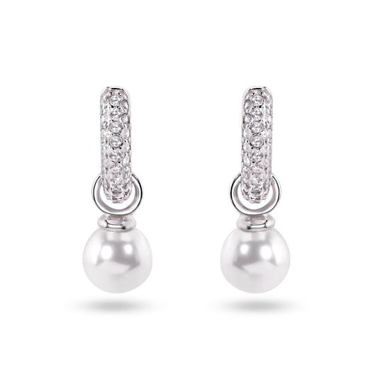 Sterling Silver Rhodium Plated Dangling Pearl Clear CZ Hoop Earrings - STE01373