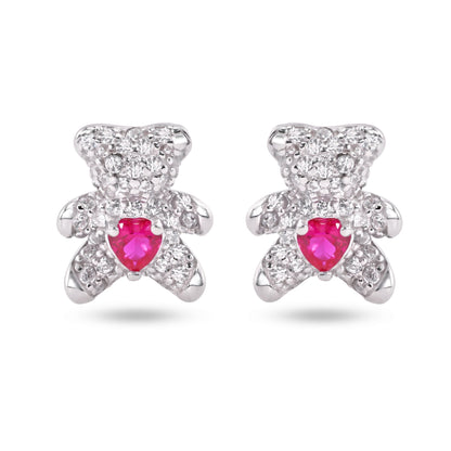 Sterling Silver Rhodium Plated Bear Heart Clear and Red CZ Stud Earrings - STE01377