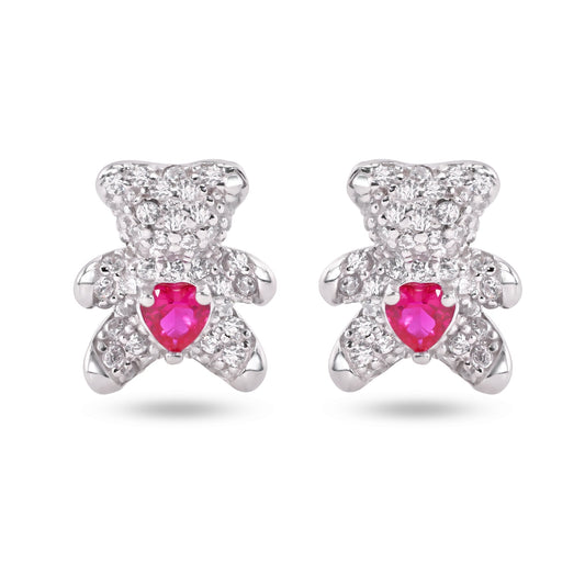 Sterling Silver Rhodium Plated Bear Heart Clear and Red CZ Stud Earrings - STE01377