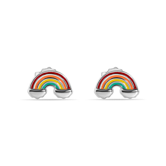 Rhodium Plated 925 Sterling Silver Enamel Rainbow Clouds Stud Earring - STE01386