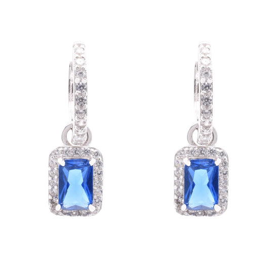 Sterling Silver Rhodium Plated Dangling Micro Pave Emerald Cut Blue and Clear CZ Huggie Earring - STE01390-BLUE