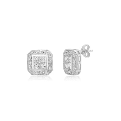 Final Price-Rhodium Plated 925 Sterling Silver Square Halo Clear CZ Stud Earring - STEM009